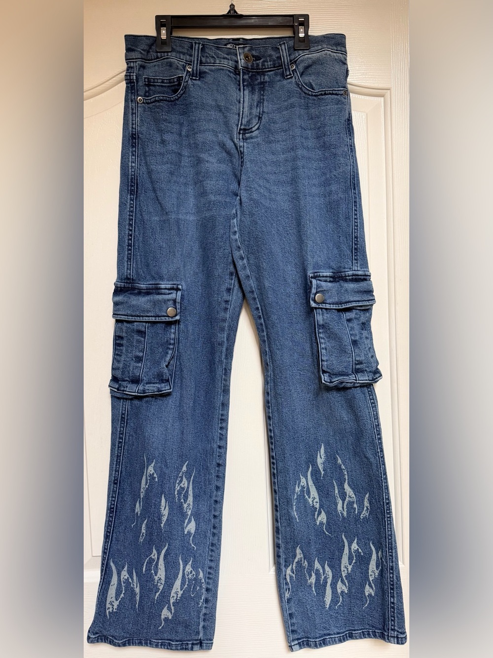 Hot Topic Indigo Flame Cargo Pocket Straight Leg Jeans 28x32 Y2K Grunge Punk